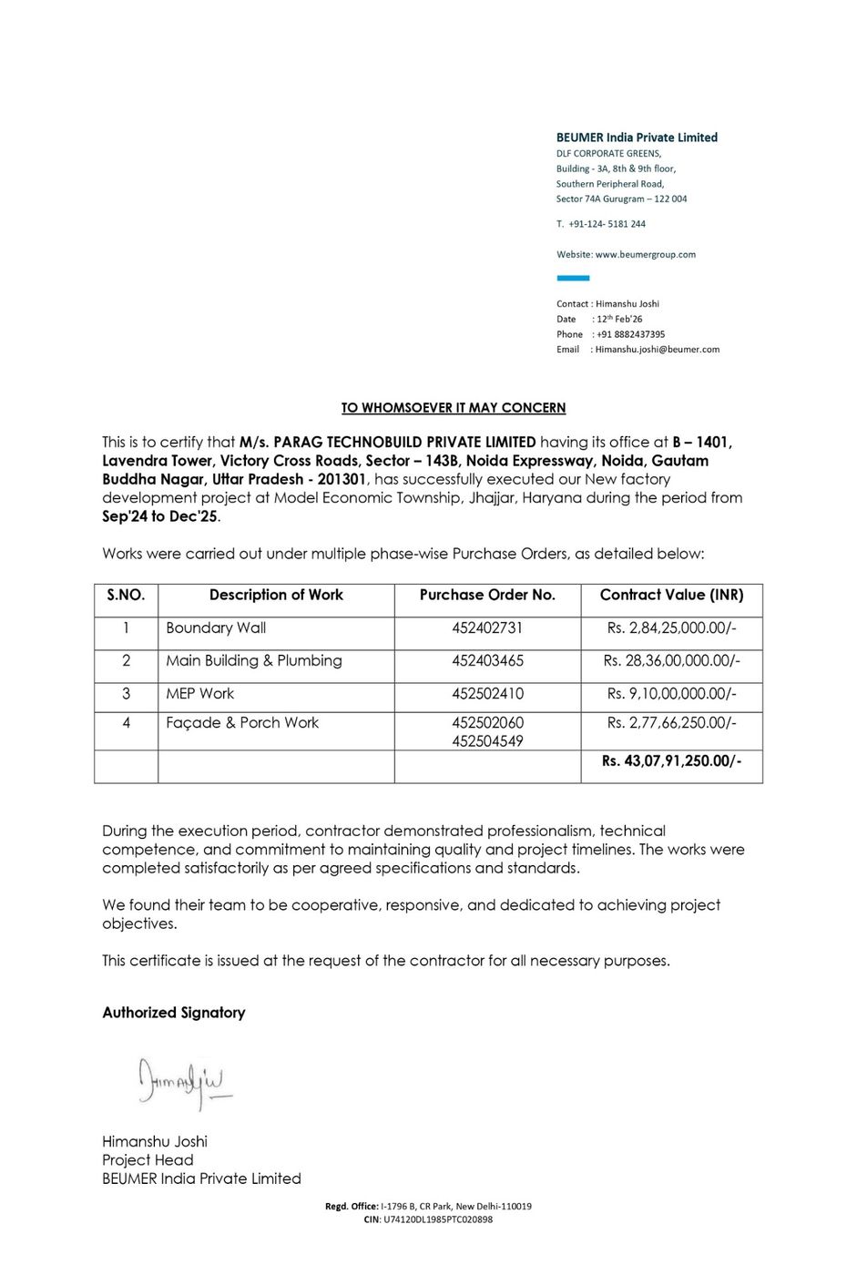 Appreciation letter from Beumer India
